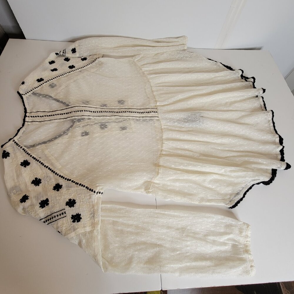 Free People Semi Sheer Peasant Style Tunic w/Embroidery Tie Front Beige/Blk Sz L - Picture 13 of 14